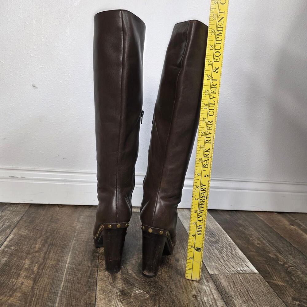Brown Leather Knee High Platform Boots Studded Clog Heel EU 38 Boho Y2K - Picture 4 of 8